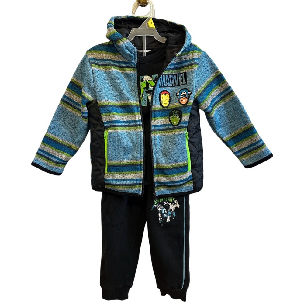 Marvel Avengers 3 Piece Set Striped Zip Up Jacket, T-Shirt, and Sweatpants 3T